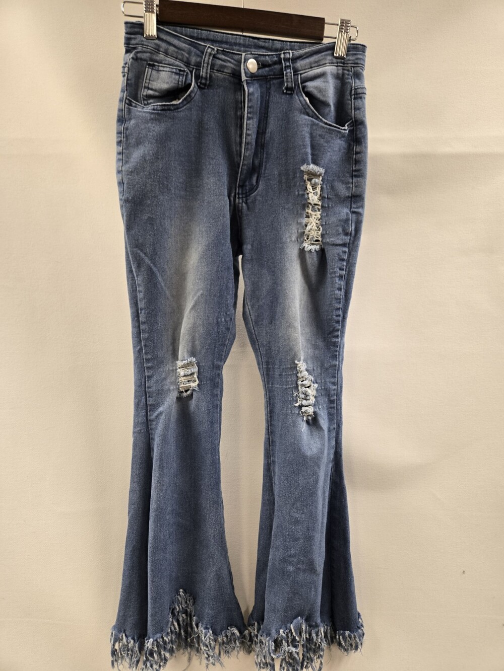 Jeans Distressed Ripped Flare Jeans Womens Small Blue Frayed Hem Bell Bottom